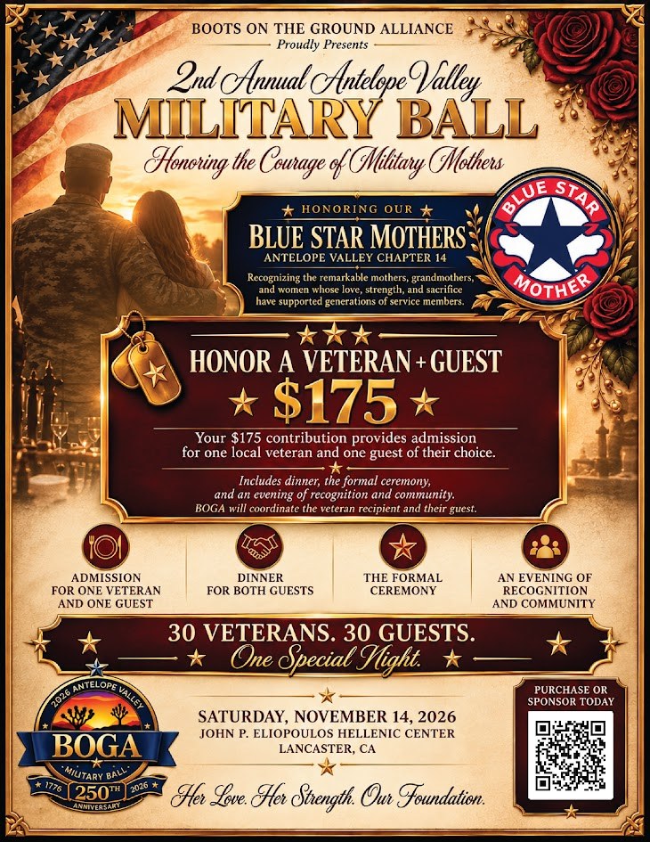 2nd Annual Antelope Valley Military Ball flyer: Honor a Veteran plus Guest for 175 dollars, November 14, 2026